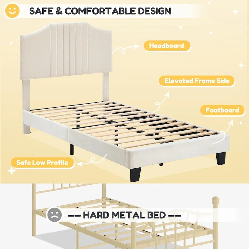 Twin Bed Frame for Kids, Upholstered Platform Bed Frame with Headboard