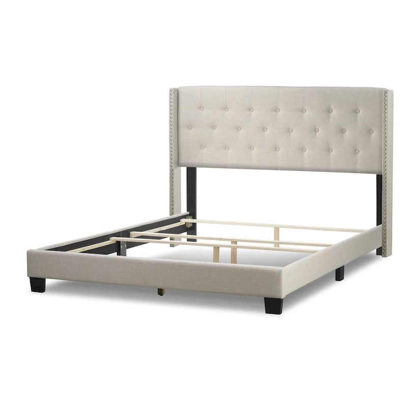 Asali Beige Fabric Bed with Button Tufting and Nail Headed Wings