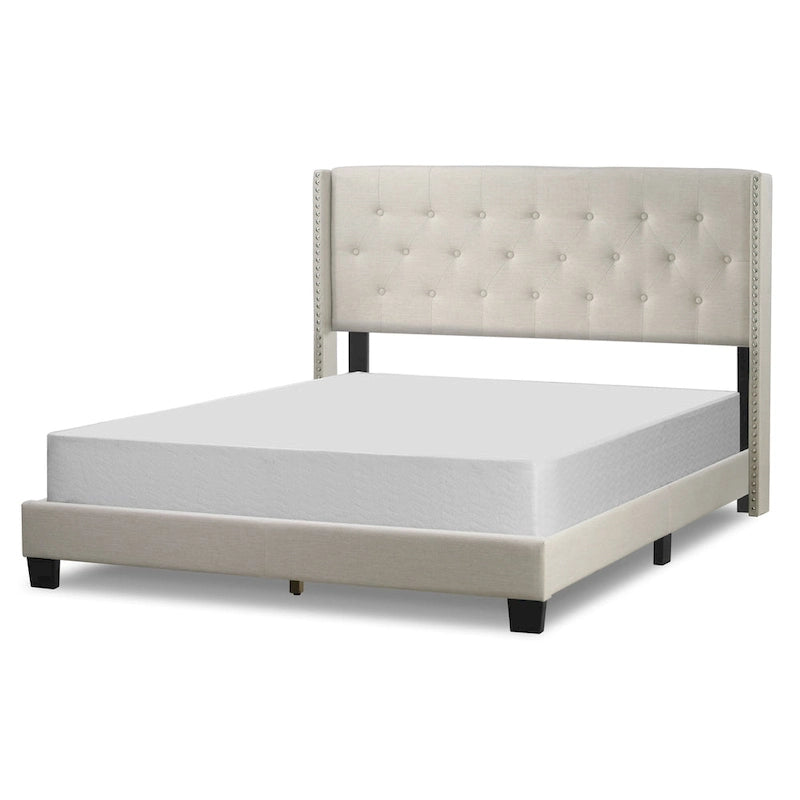 Asali Beige Fabric Bed with Button Tufting and Nail Headed Wings