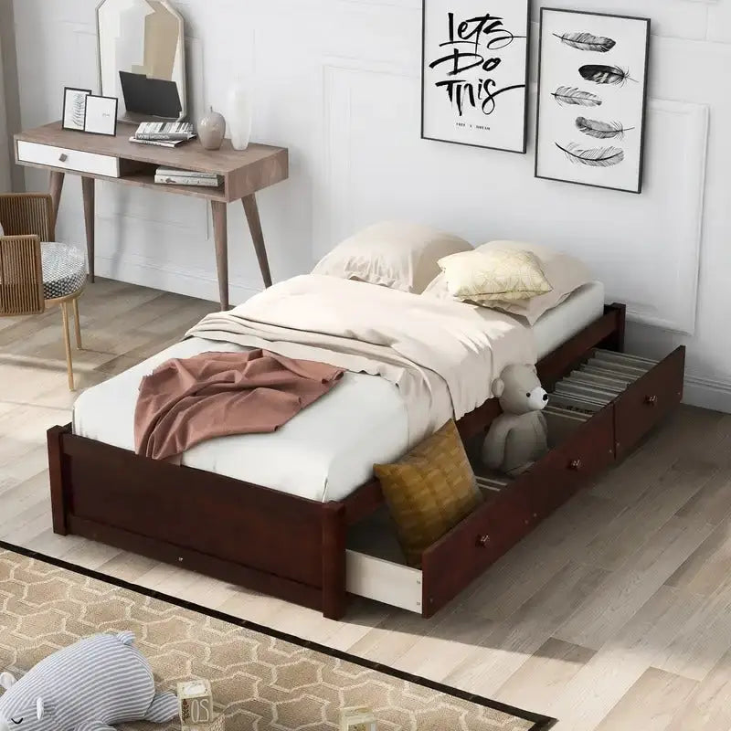 3-Drawers Twin Size Solid Wood Platform Storage Bed Frame