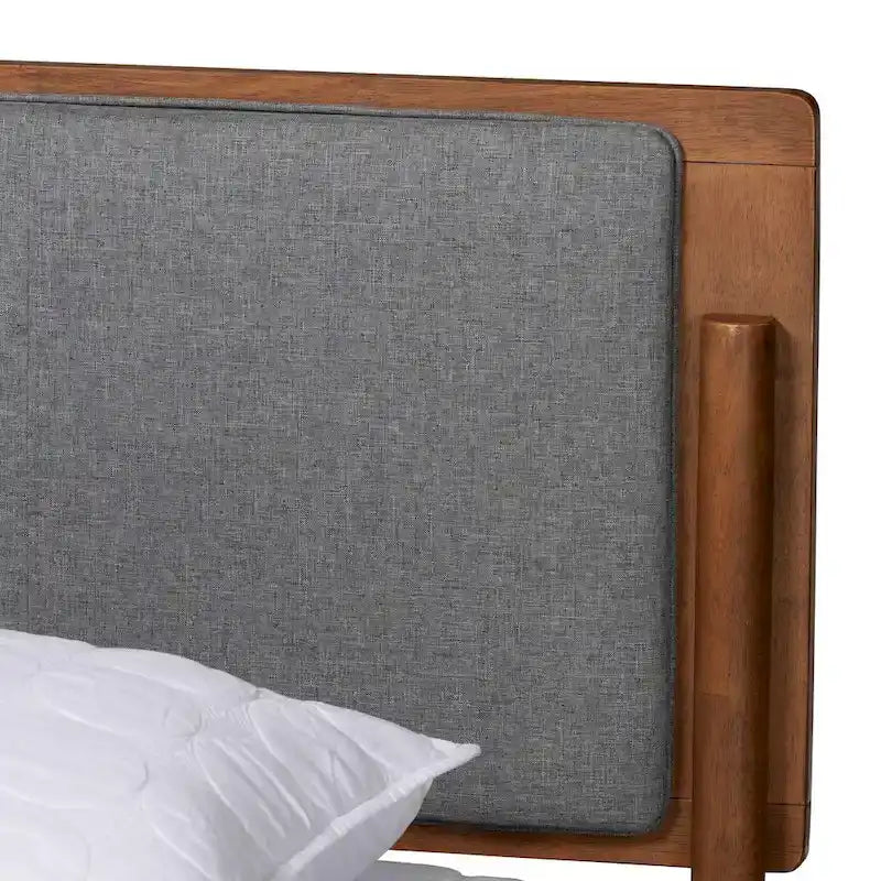 Powers Mid-Century Modern Grey Fabric and Ash Walnut Finished Wood Platform Bed