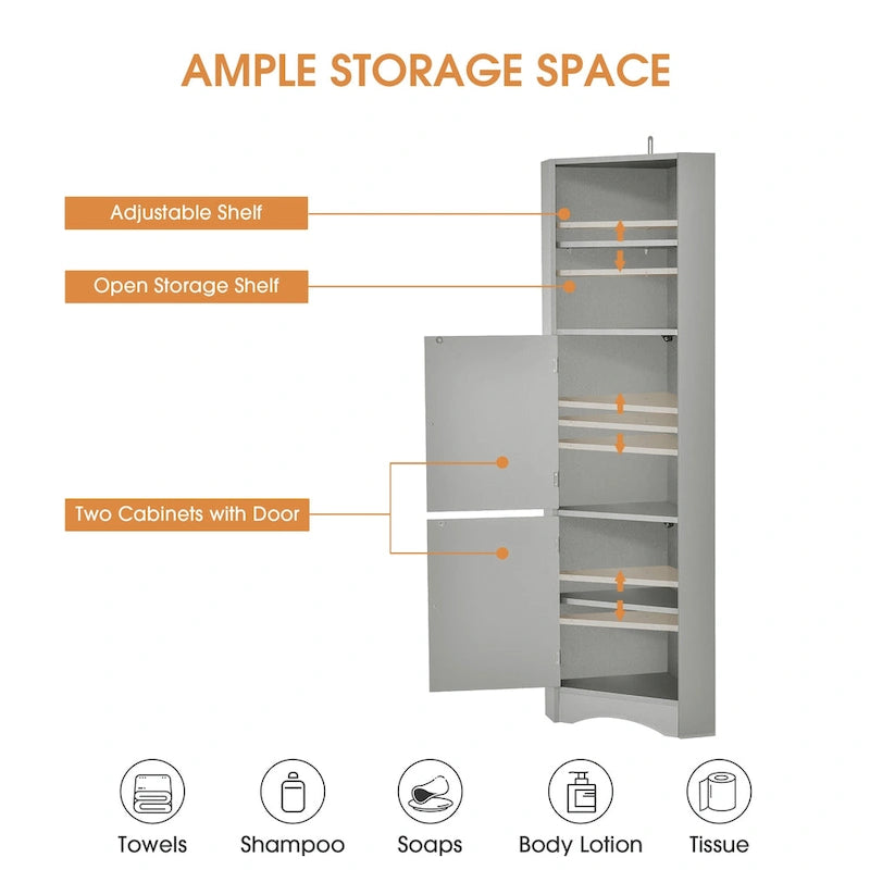 Nestfair Tall Freestanding Bathroom Cabinet Corner Storage Cabinet with Doors and Adjustable Shelves