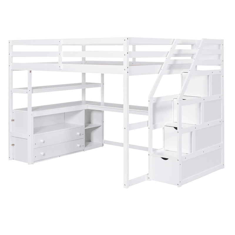 Full Size Loft Bed with Desk and Shelves, Two Built-in Drawers, Storage Staircase, Gray