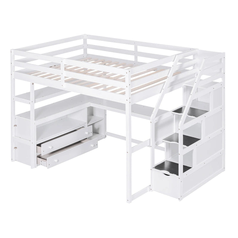 Full Size Loft Bed with Desk and Shelves, Two Built-in Drawers, Storage Staircase, Gray