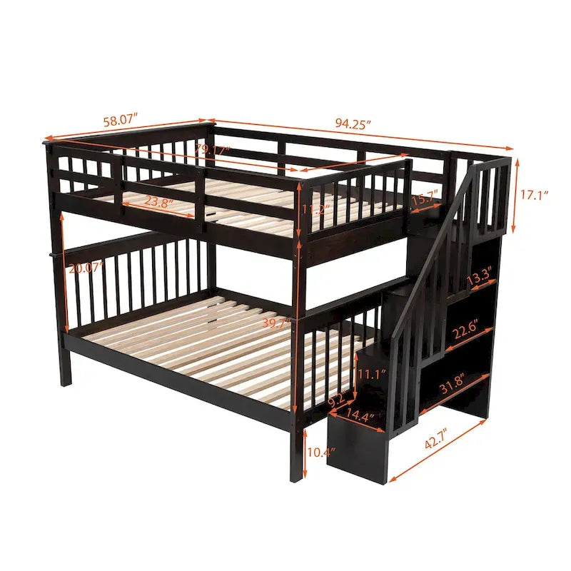 Stairway Full-Over-Full Bunk Bed with Drawer, Storage and Guard Rail for Bedroom, Espresso color( old sku: LP000310AAP )
