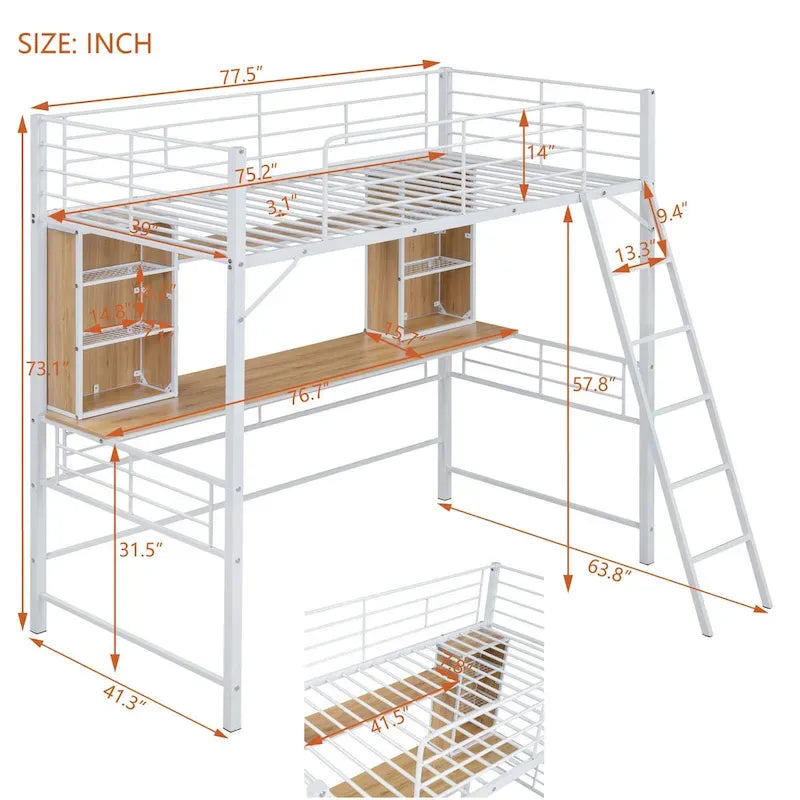 Twin Size Loft Bed with Desk and Shelf , Loft Bed with Ladder,Twin,Black