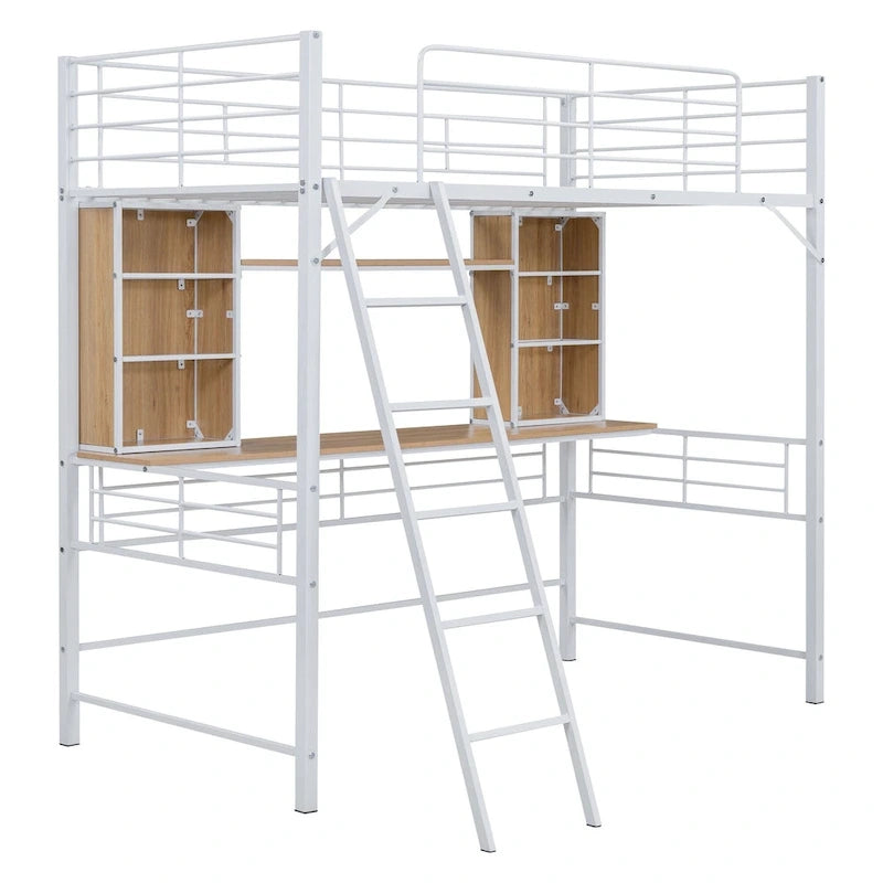 Twin Size Loft Bed with Desk and Shelf , Loft Bed with Ladder,Twin,Black