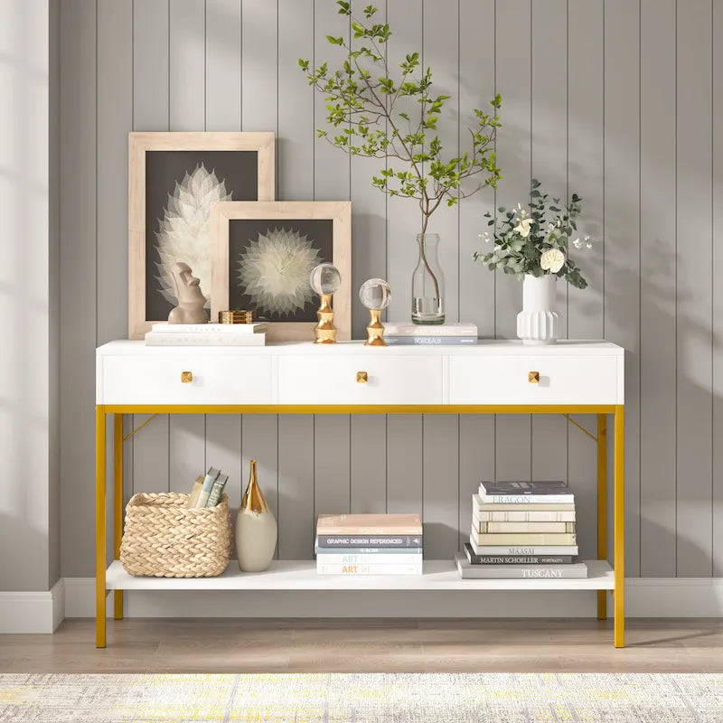VANOMi 54.33 Console Table with 3 Drawers, Black Entryway Table with Storage Shelves