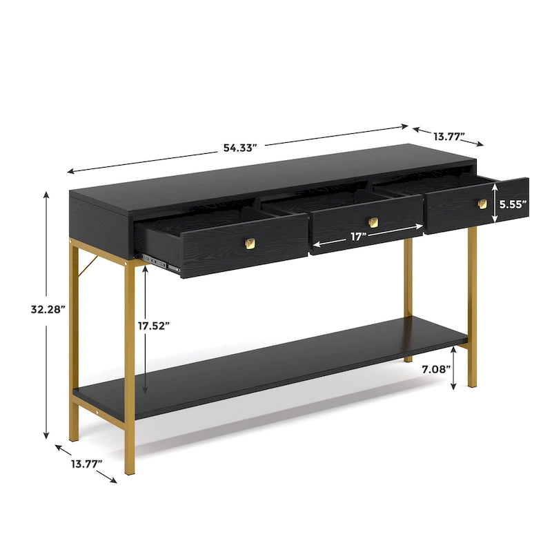 VANOMi 54.33 Console Table with 3 Drawers, Black Entryway Table with Storage Shelves