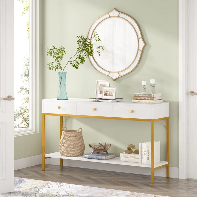VANOMi 54.33 Console Table with 3 Drawers, Black Entryway Table with Storage Shelves