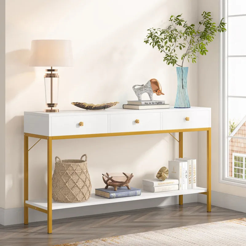 VANOMi 54.33 Console Table with 3 Drawers, Black Entryway Table with Storage Shelves