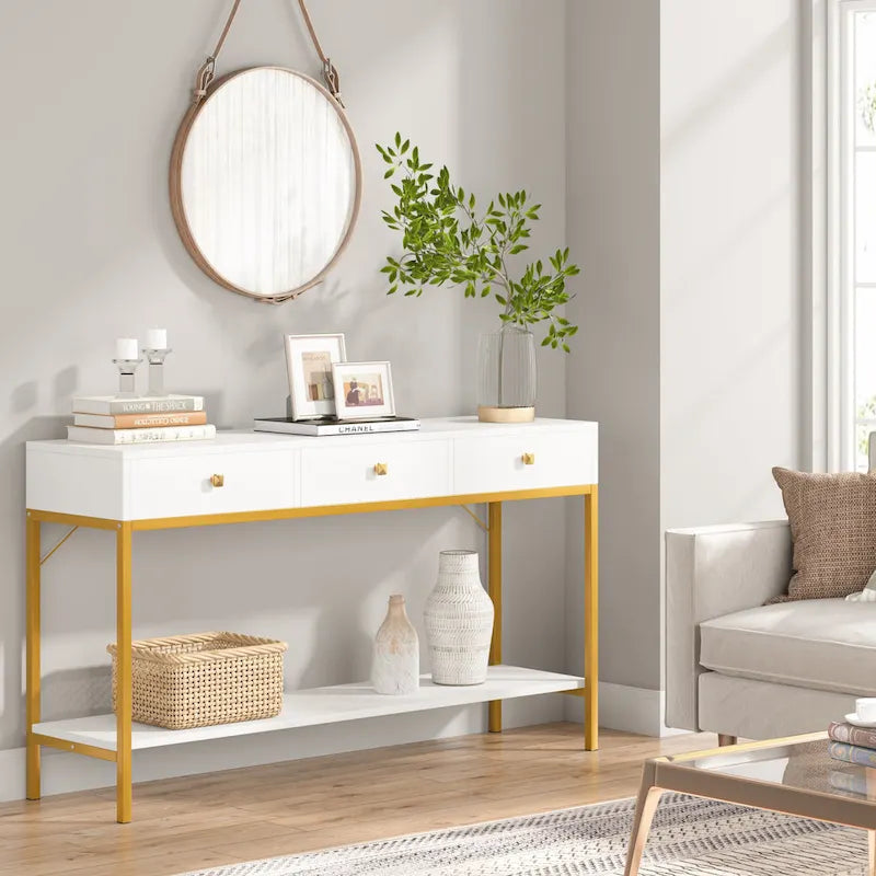 VANOMi 54.33 Console Table with 3 Drawers, Black Entryway Table with Storage Shelves