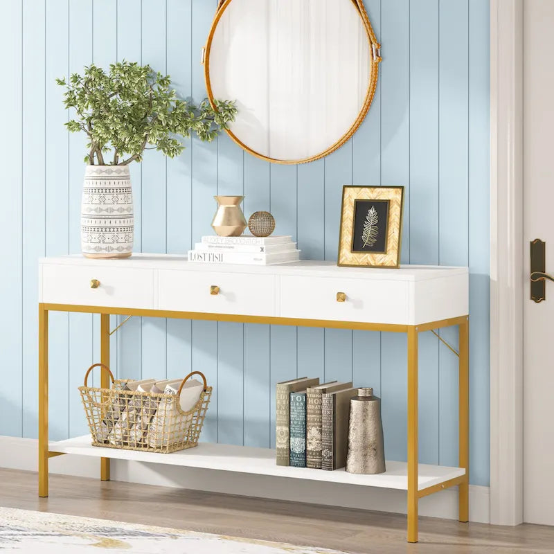 VANOMi 54.33 Console Table with 3 Drawers, Black Entryway Table with Storage Shelves