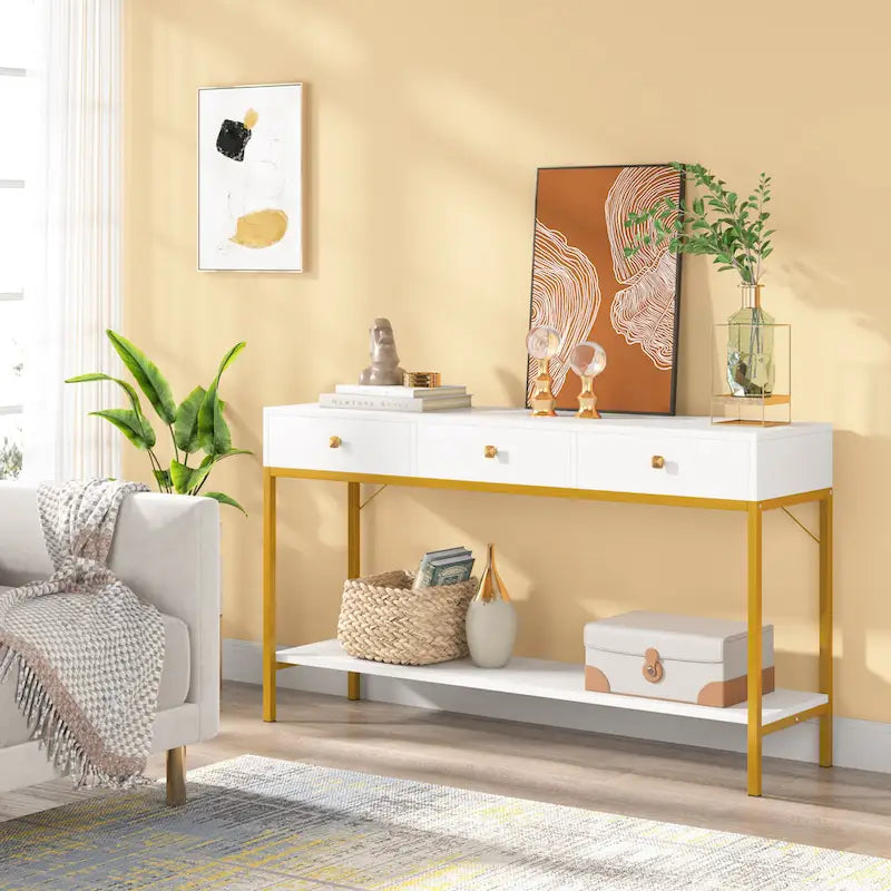 VANOMi 54.33 Console Table with 3 Drawers, Black Entryway Table with Storage Shelves