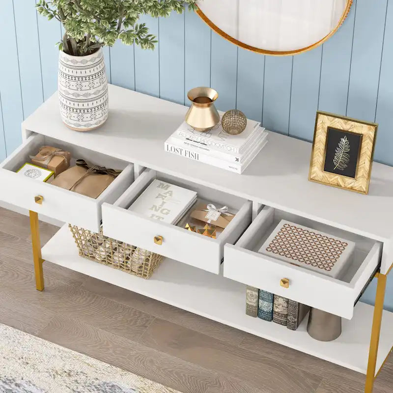 VANOMi 54.33 Console Table with 3 Drawers, Black Entryway Table with Storage Shelves