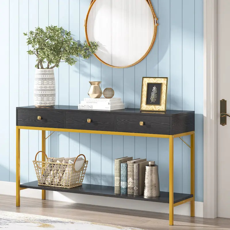 VANOMi 54.33 Console Table with 3 Drawers, Black Entryway Table with Storage Shelves