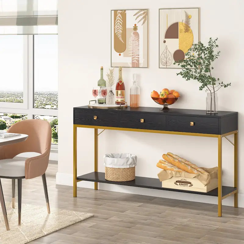 VANOMi 54.33 Console Table with 3 Drawers, Black Entryway Table with Storage Shelves