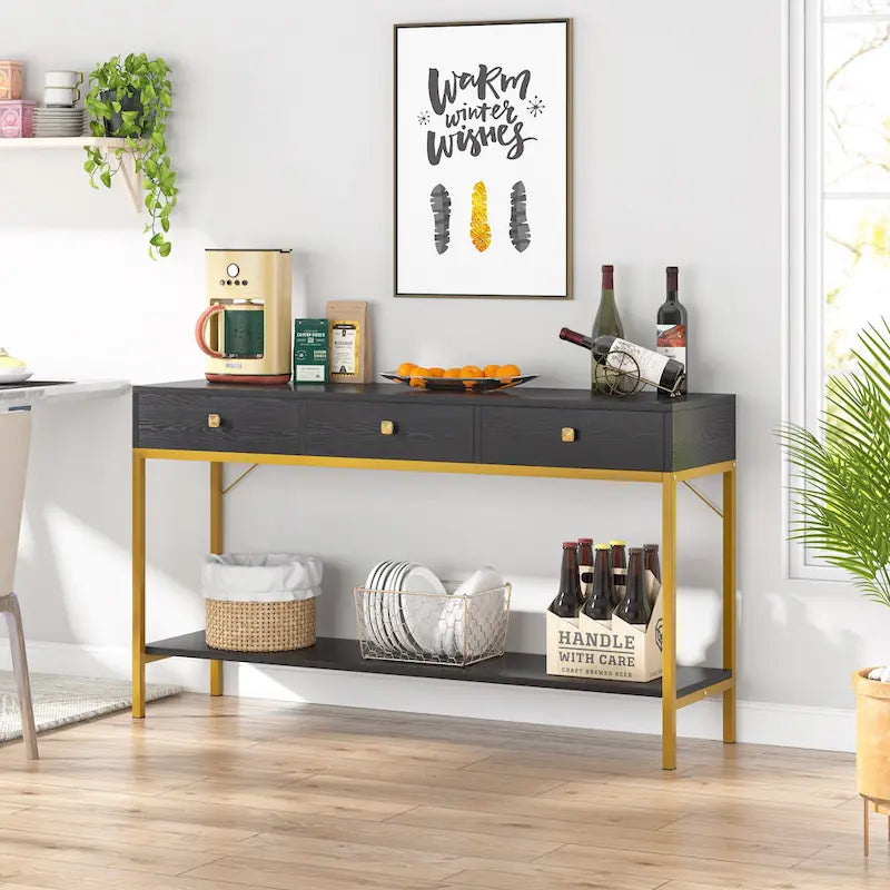 VANOMi 54.33 Console Table with 3 Drawers, Black Entryway Table with Storage Shelves
