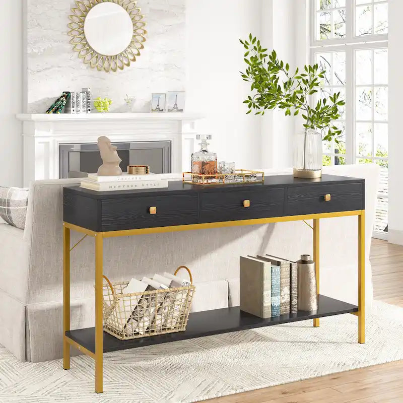 VANOMi 54.33 Console Table with 3 Drawers, Black Entryway Table with Storage Shelves
