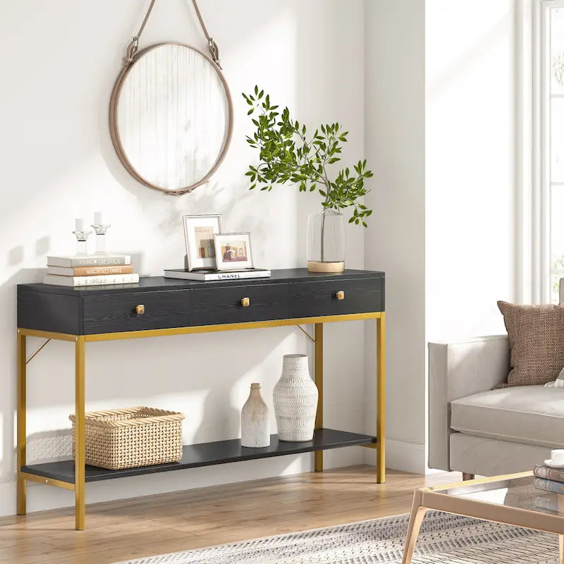 VANOMi 54.33 Console Table with 3 Drawers, Black Entryway Table with Storage Shelves