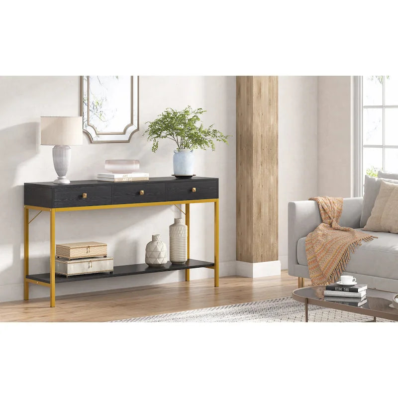 VANOMi 54.33 Console Table with 3 Drawers, Black Entryway Table with Storage Shelves