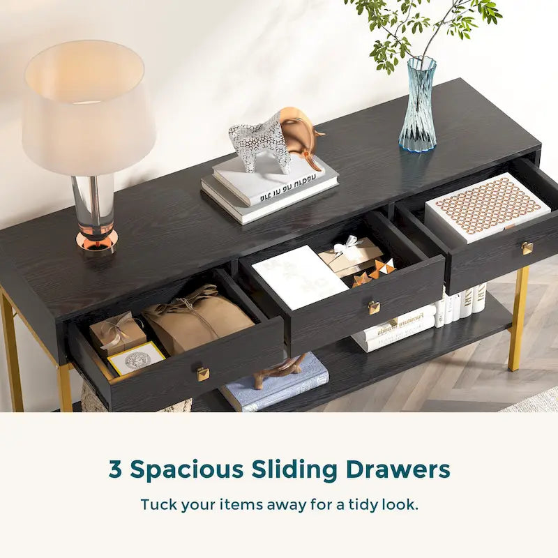 VANOMi 54.33 Console Table with 3 Drawers, Black Entryway Table with Storage Shelves