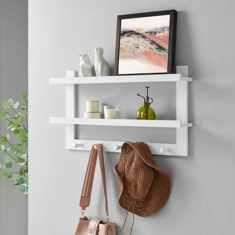 Danya B. 2-Tier Wall Shelf with 5 Hanging Hooks - Entryway or Bathroom