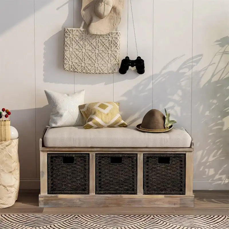 Merax Entryway Storage Bench with 3 Removable Baskets and Cushion