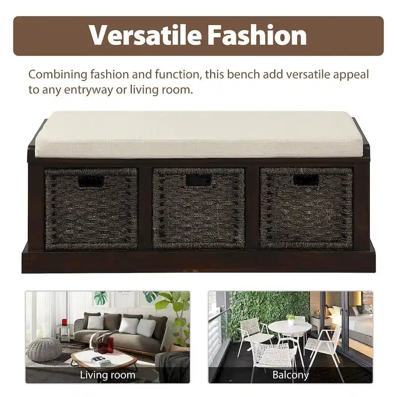 Merax Entryway Storage Bench with 3 Removable Baskets and Cushion