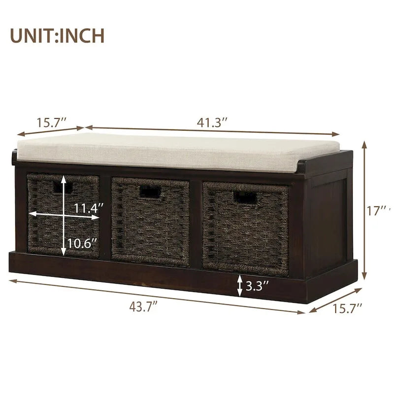 Merax Entryway Storage Bench with 3 Removable Baskets and Cushion