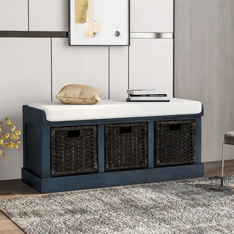 Merax Entryway Storage Bench with 3 Removable Baskets and Cushion