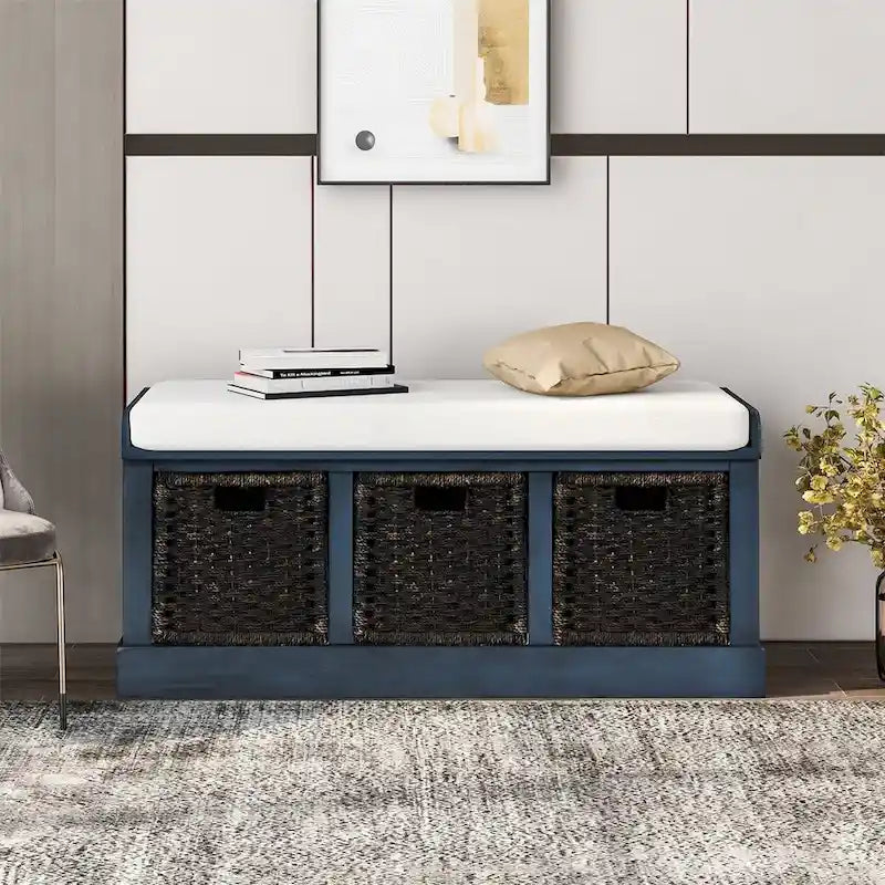 Merax Entryway Storage Bench with 3 Removable Baskets and Cushion