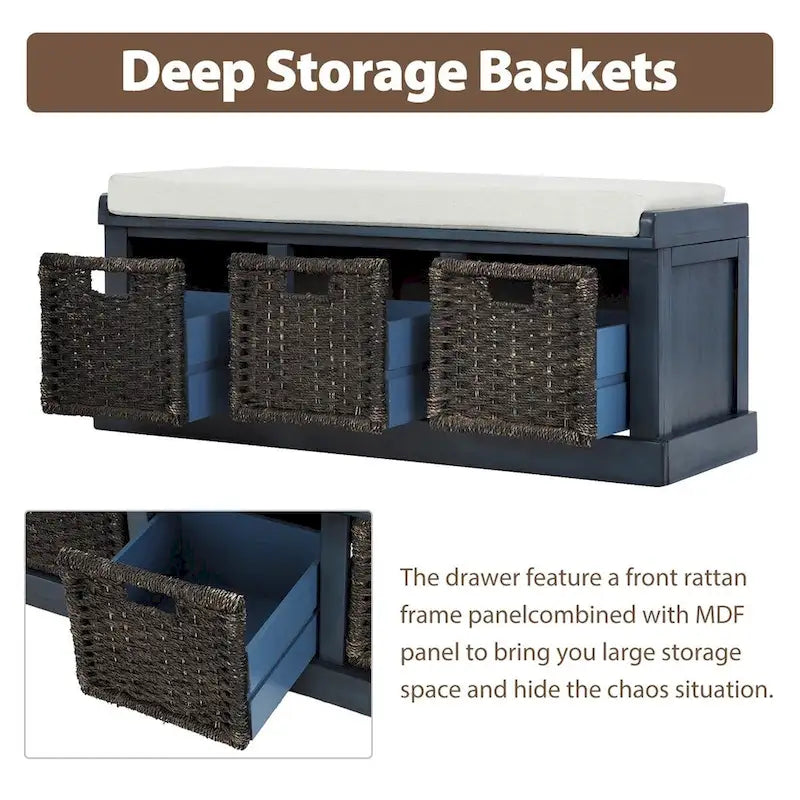 Merax Entryway Storage Bench with 3 Removable Baskets and Cushion