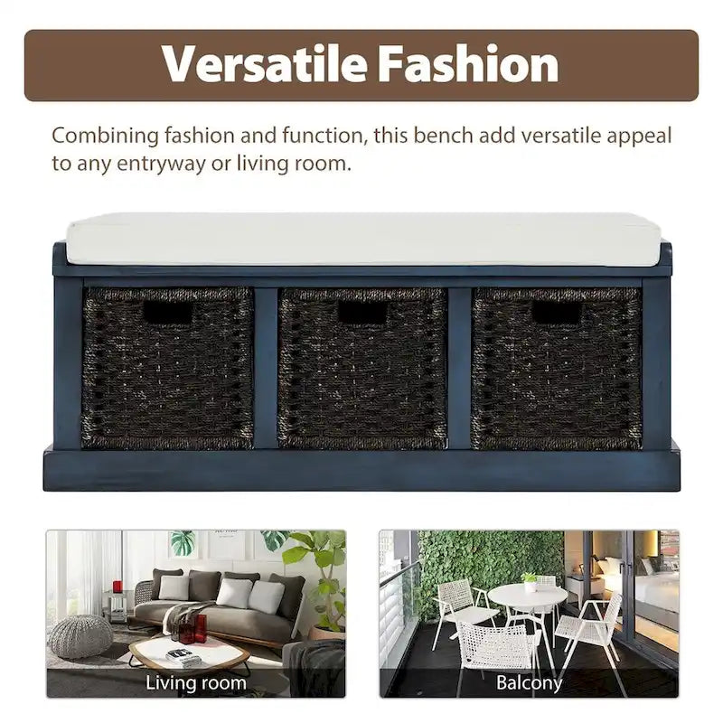 Merax Entryway Storage Bench with 3 Removable Baskets and Cushion