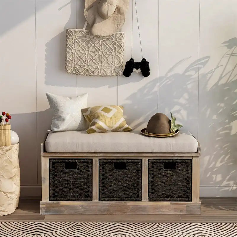 Merax Entryway Storage Bench with 3 Removable Baskets and Cushion