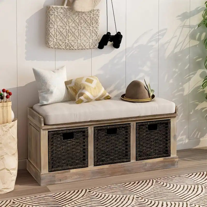 Merax Entryway Storage Bench with 3 Removable Baskets and Cushion