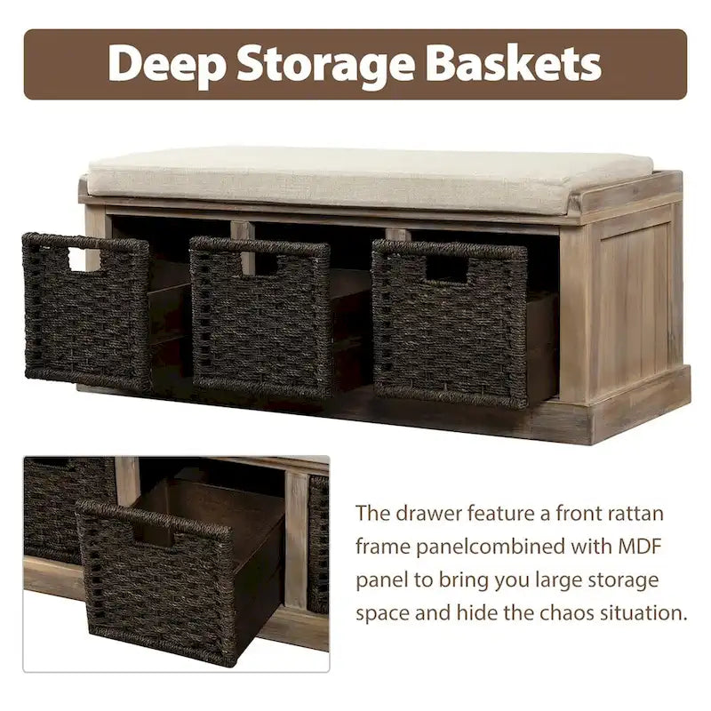 Merax Entryway Storage Bench with 3 Removable Baskets and Cushion