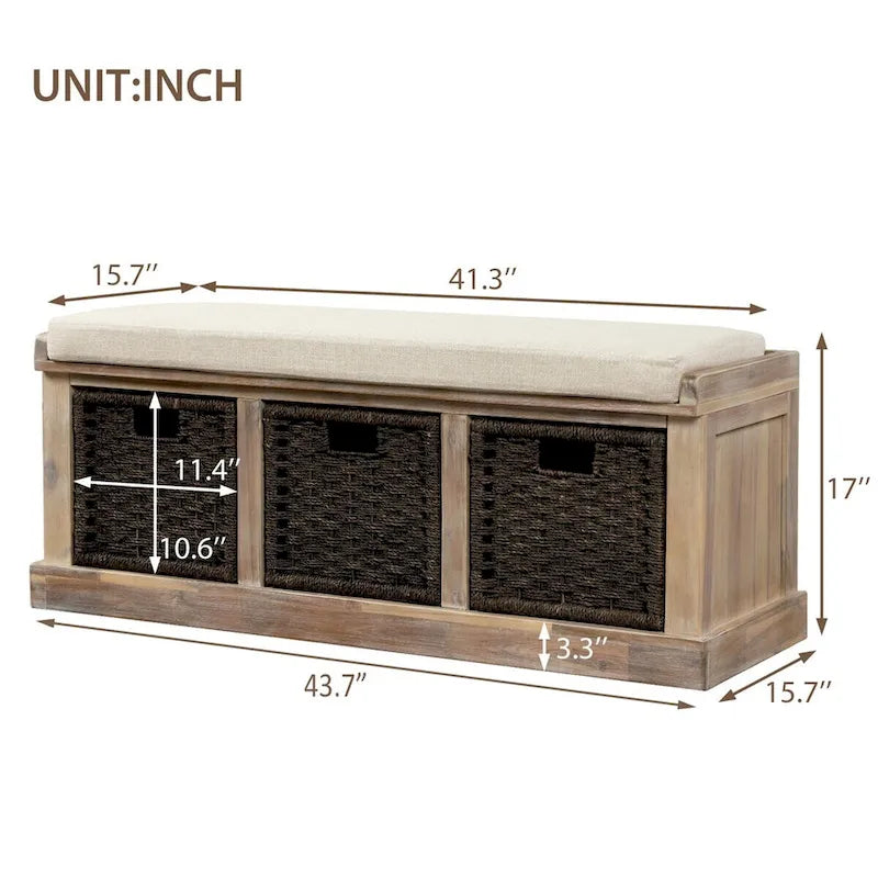 Merax Entryway Storage Bench with 3 Removable Baskets and Cushion
