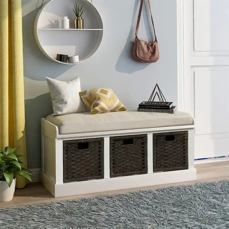 Merax Entryway Storage Bench with 3 Removable Baskets and Cushion