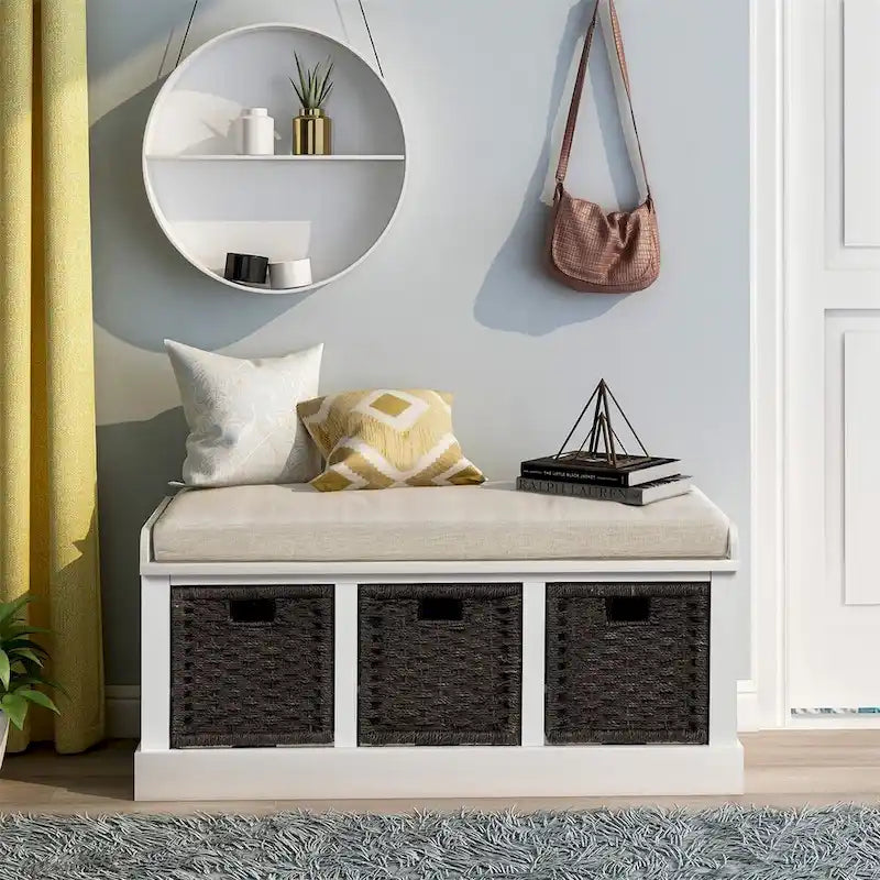 Merax Entryway Storage Bench with 3 Removable Baskets and Cushion