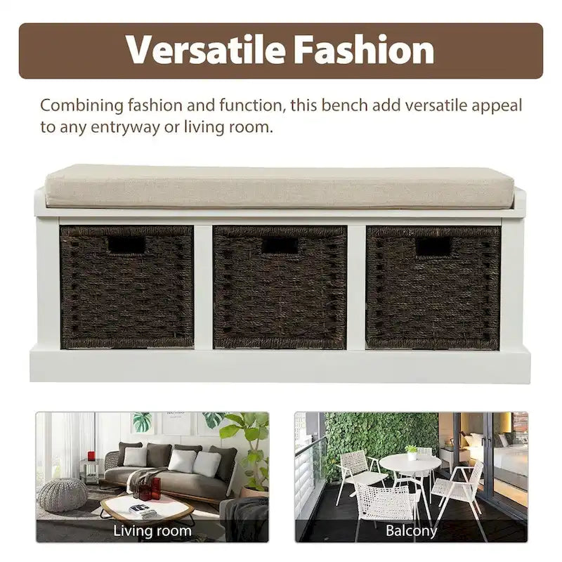 Merax Entryway Storage Bench with 3 Removable Baskets and Cushion