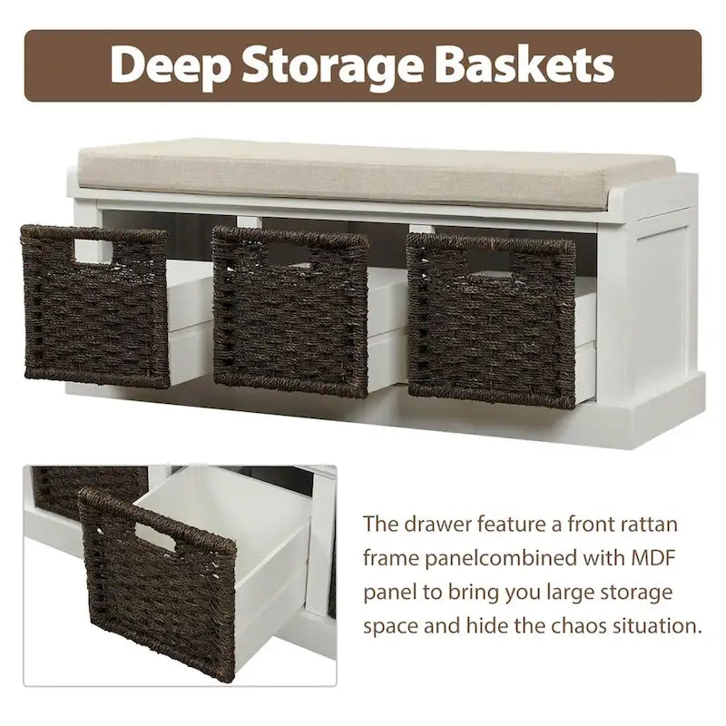 Merax Entryway Storage Bench with 3 Removable Baskets and Cushion