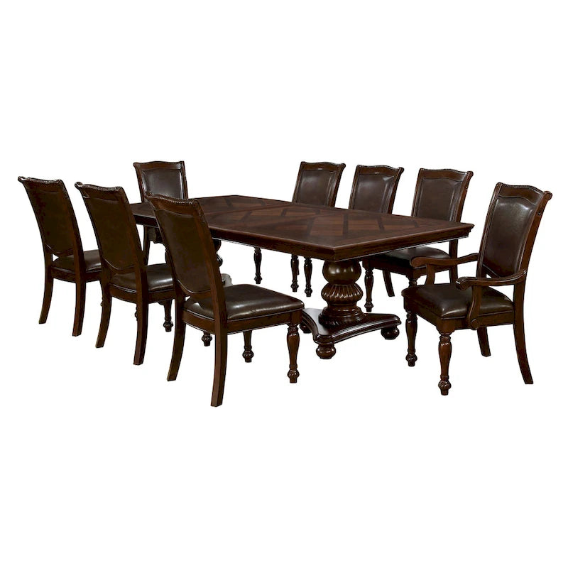 Madzharovo Traditional Brown Cherry Faux Leather Formal 9-Piece Dining Set by Copper Grove
