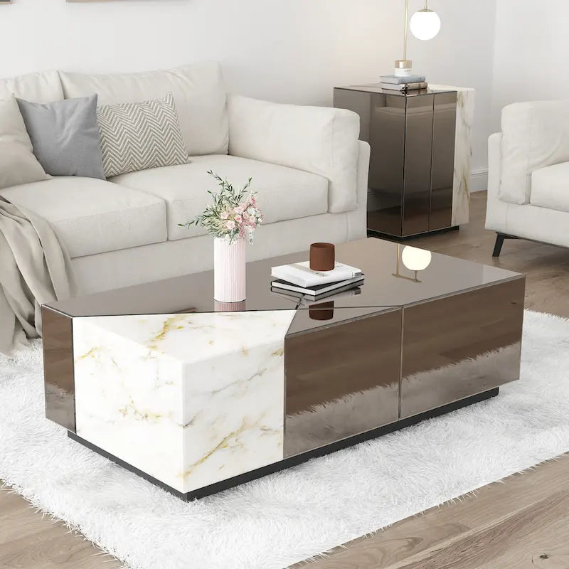 Mirrored Block Coffee Table With Unique Marble Patchwork Design