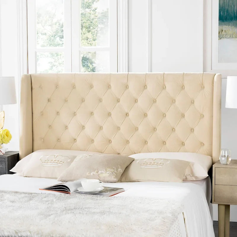 SAFAVIEH Shandra Taupe Linen Upholstered Tufted Wingback Headboard (Full)