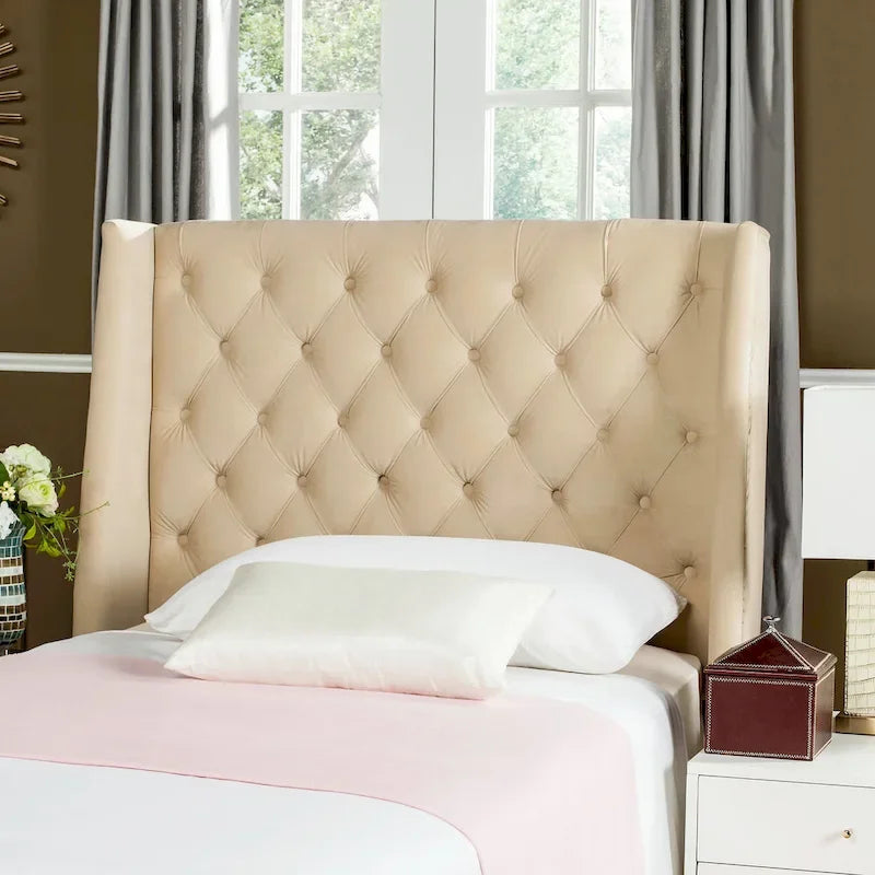SAFAVIEH Shandra Taupe Linen Upholstered Tufted Wingback Headboard (Full)