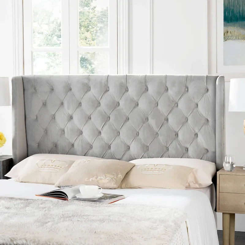 SAFAVIEH Shandra Taupe Linen Upholstered Tufted Wingback Headboard (Full)