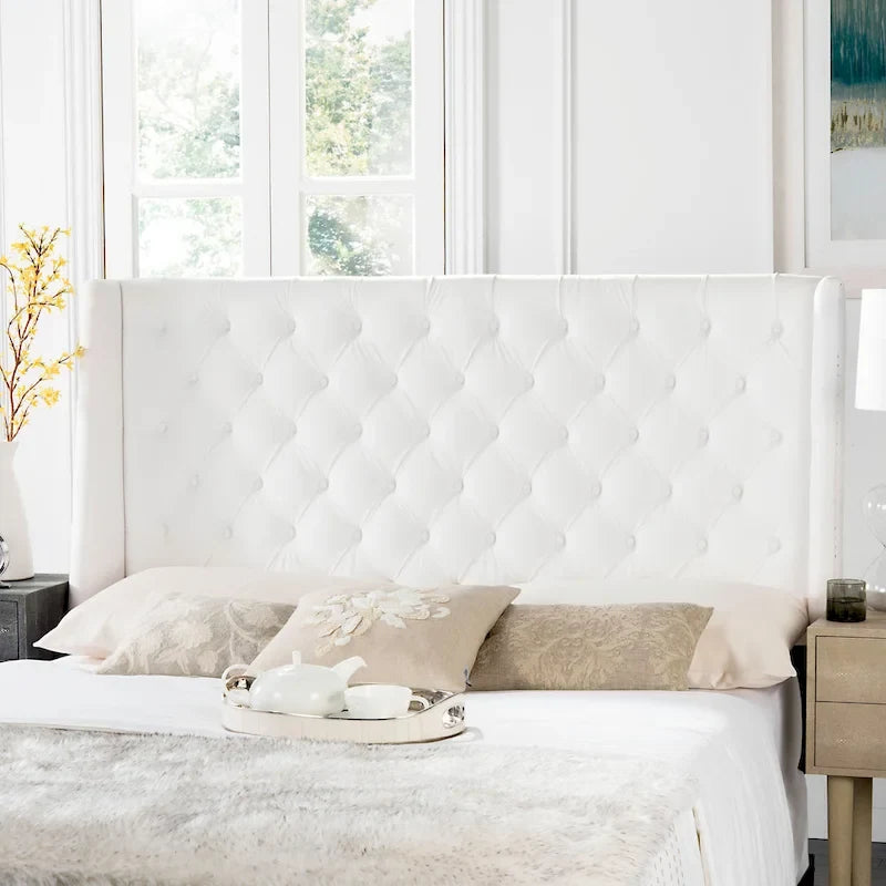 SAFAVIEH Shandra Taupe Linen Upholstered Tufted Wingback Headboard (Full)