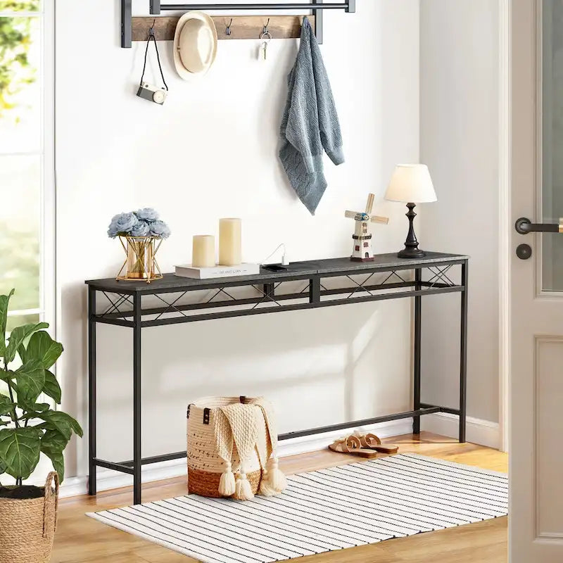 VECELO Industrial Rectangular Wood Console Table with AC Power and USB Charging Ports