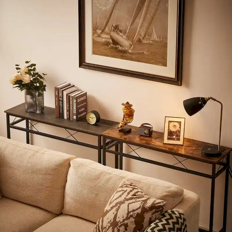VECELO Industrial Rectangular Wood Console Table with AC Power and USB Charging Ports